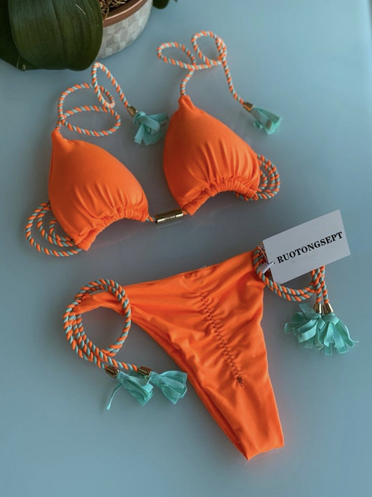 Damen Bikini-Set mit elegantem Leopardenmuster und modischen Quasten EB