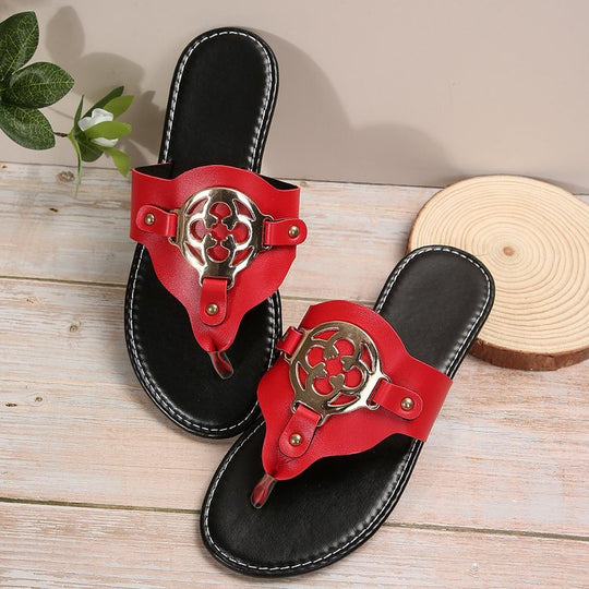 Damen Zehenstegsandalen mit dekorativem Metalldetail und rutschfester Sohle EB