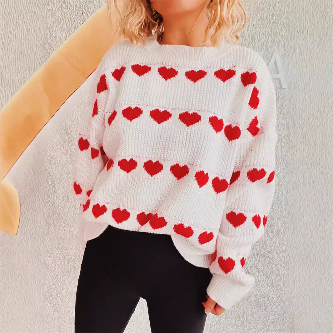 Damen gemütlicher Herzmuster-Strickpullover mit weiten Ärmeln EB
