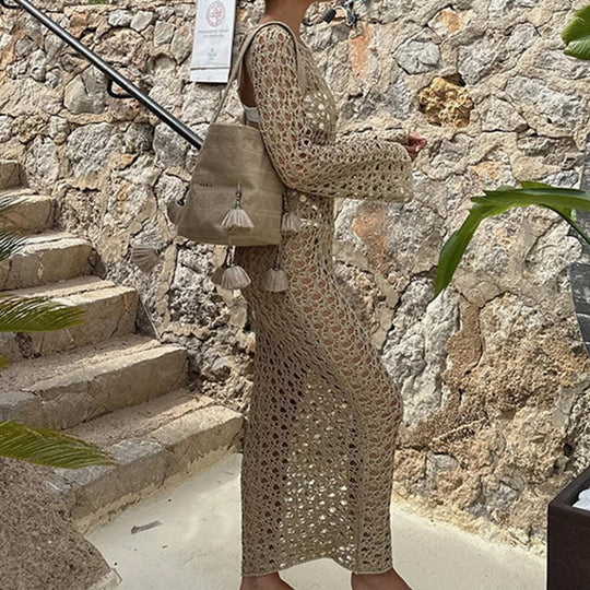 Damen Häkel-Strandkleid mit weiten Ärmeln und modernem Netzdesign EB