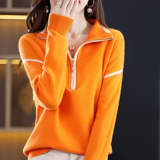 Damen Pullover mit halbem Reißverschluss und feinem Strukturstrick EB