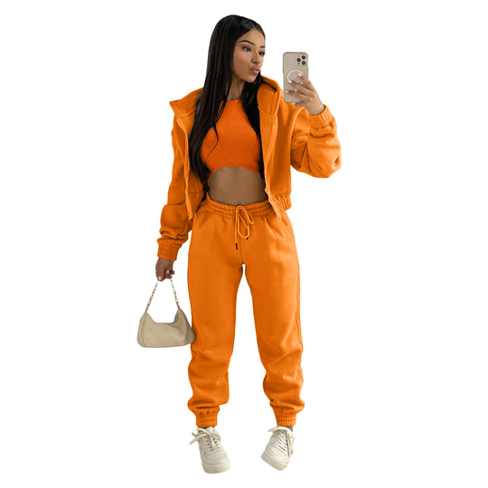 Damen stylischer Sportanzug mit lässiger Kapuzenjacke und elastischen Bundelementen EB