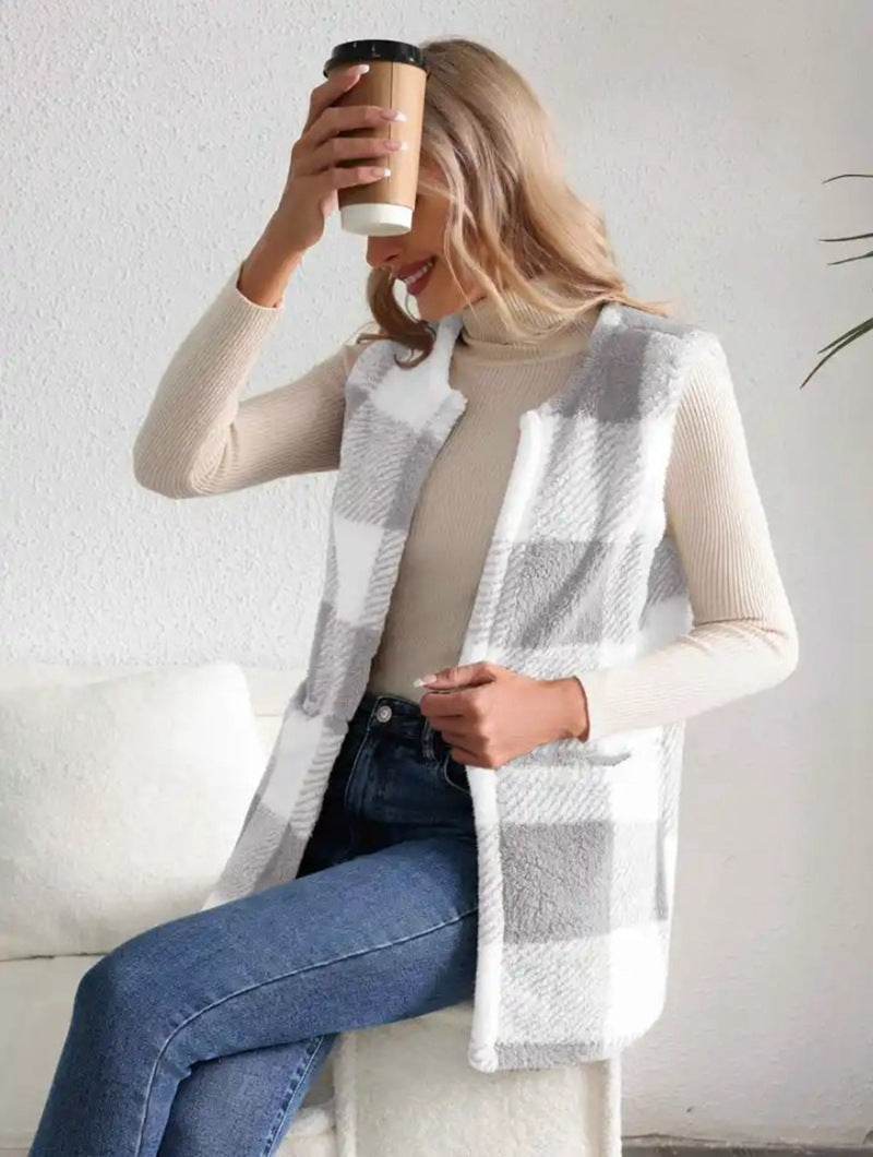 Damen Weicher Plaid-Weste mit seitlichen Taschen und gemütlichem Schnitt EB