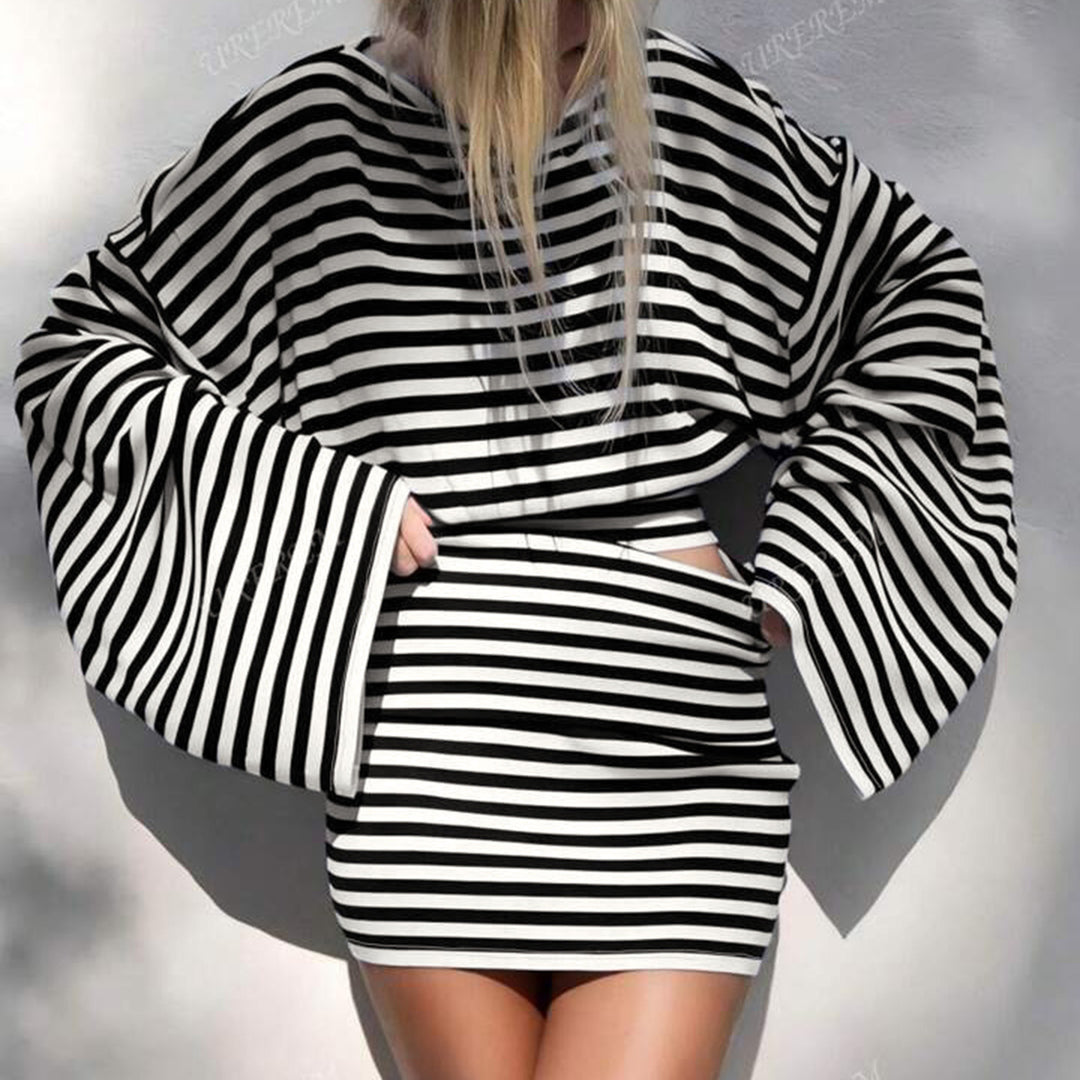 Damen nan gestreiftes Cut-Out-Longsleeve mit weitem Arm und taillierter Schichtung EB