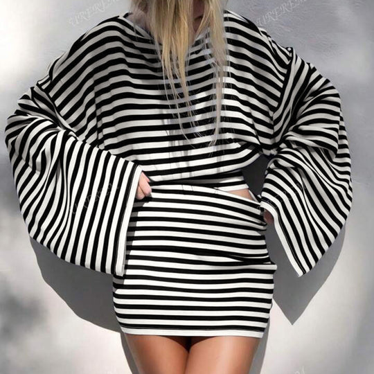 Damen nan gestreiftes Cut-Out-Longsleeve mit weitem Arm und taillierter Schichtung EB