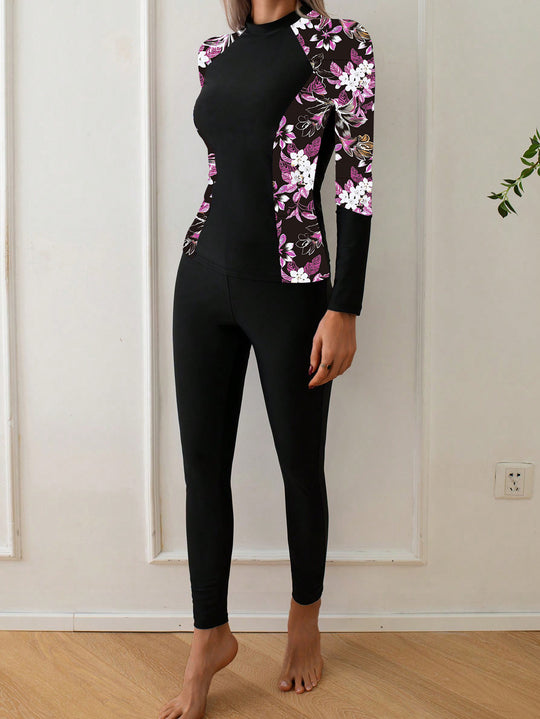 Damen Langarm Rashguard mit floralem Design EB