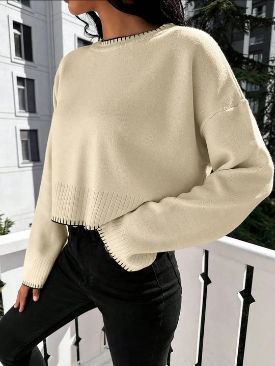 Damen lässiger Strickpullover mit geripptem Saum und überschnittenen Schultern EB
