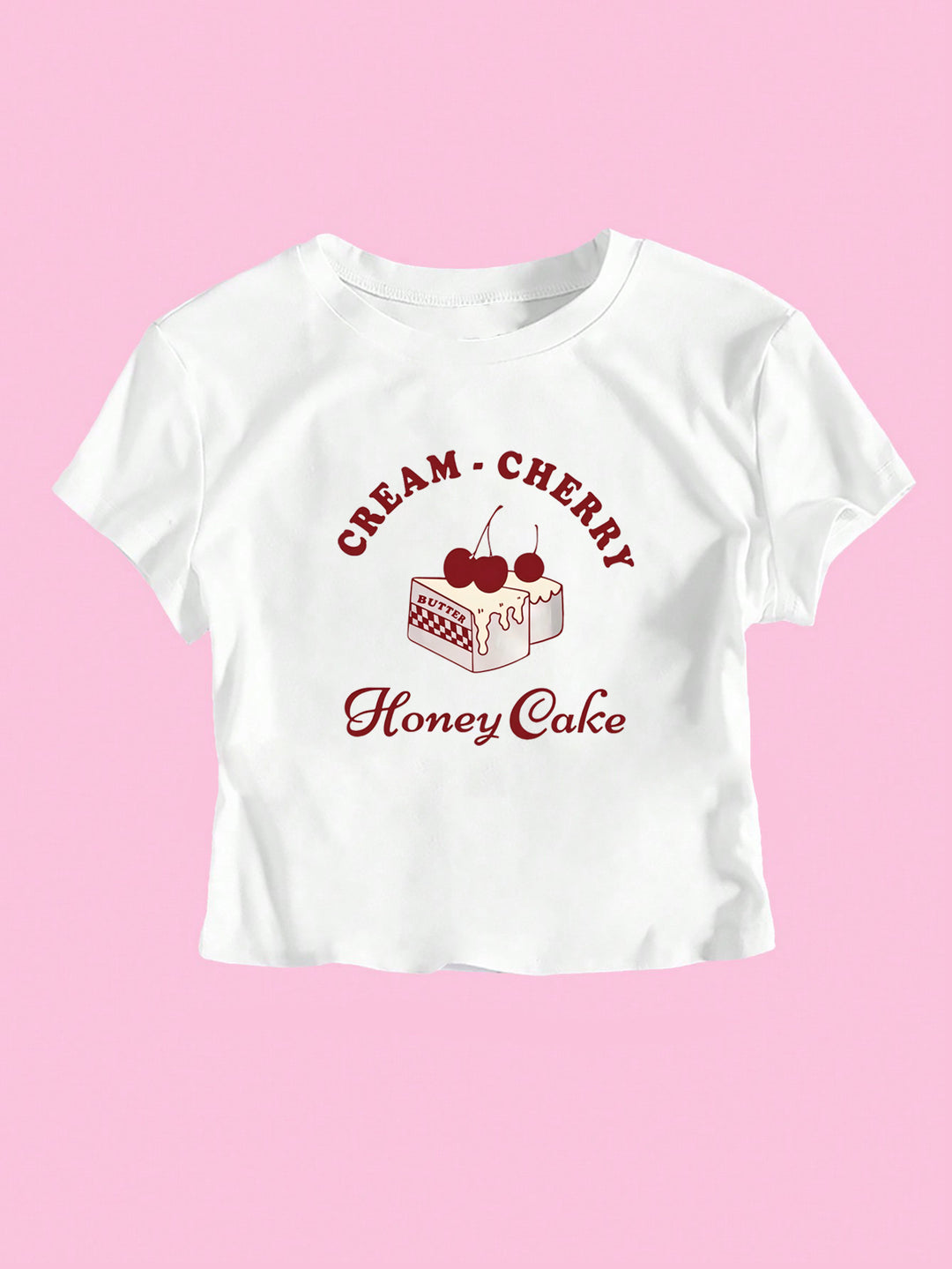 Damen Crop-T-Shirt mit kreativem Dessert-Motiv und modernem Schnitt EB