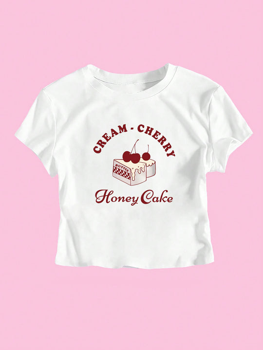 Damen Crop-T-Shirt mit kreativem Dessert-Motiv und modernem Schnitt EB