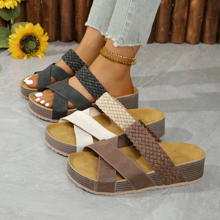 Damen Bequeme Zehentrenner-Sandalen mit geflochtenem Riemendesign und rutschfester Sohle EB