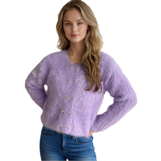 Damen flauschige Strickjacke mit herzförmigen Knöpfen und lockerer Passform EB