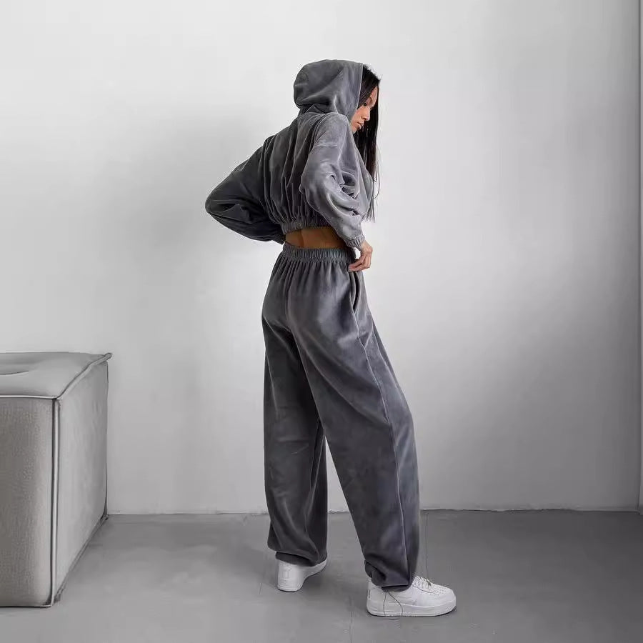 Damen Velours-Lounge-Set mit kurzem Reißverschluss-Hoodie, elastischer High-Waist-Jogginghose und Bustier EB