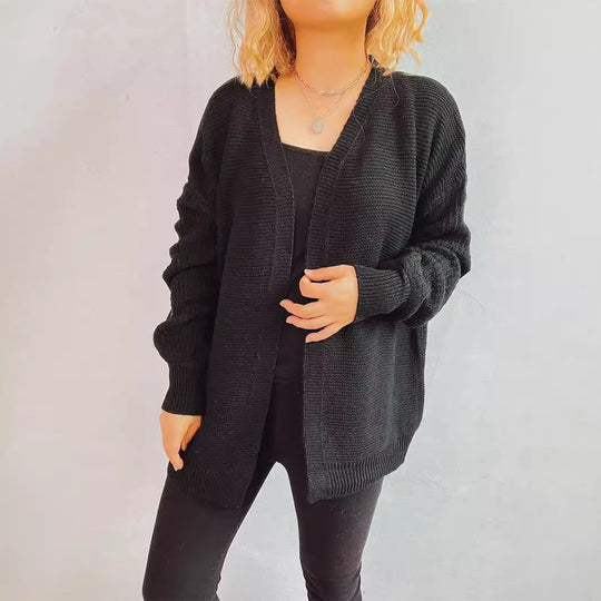 Damen lässige Strickjacke mit voluminösen Ärmeln und modernem Strukturmuster EB