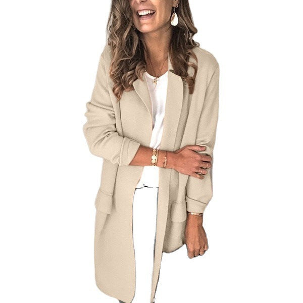 Damen stylische lange Jacke mit klassischem Revers EB
