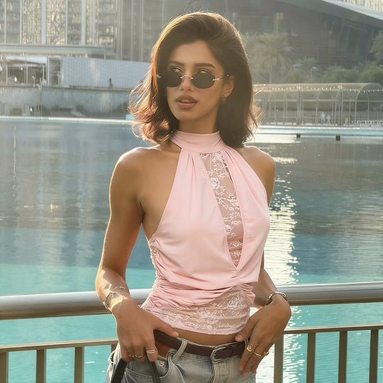 Damen elegantes Neckholder-Top mit transparenten Einsätzen und Raffung EB