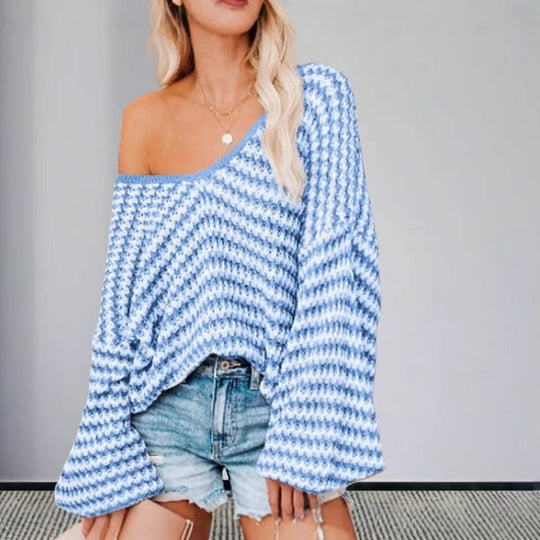 Damen Oversized Strickpullover mit off-Shoulder Design und modischem Rippenmuster EB