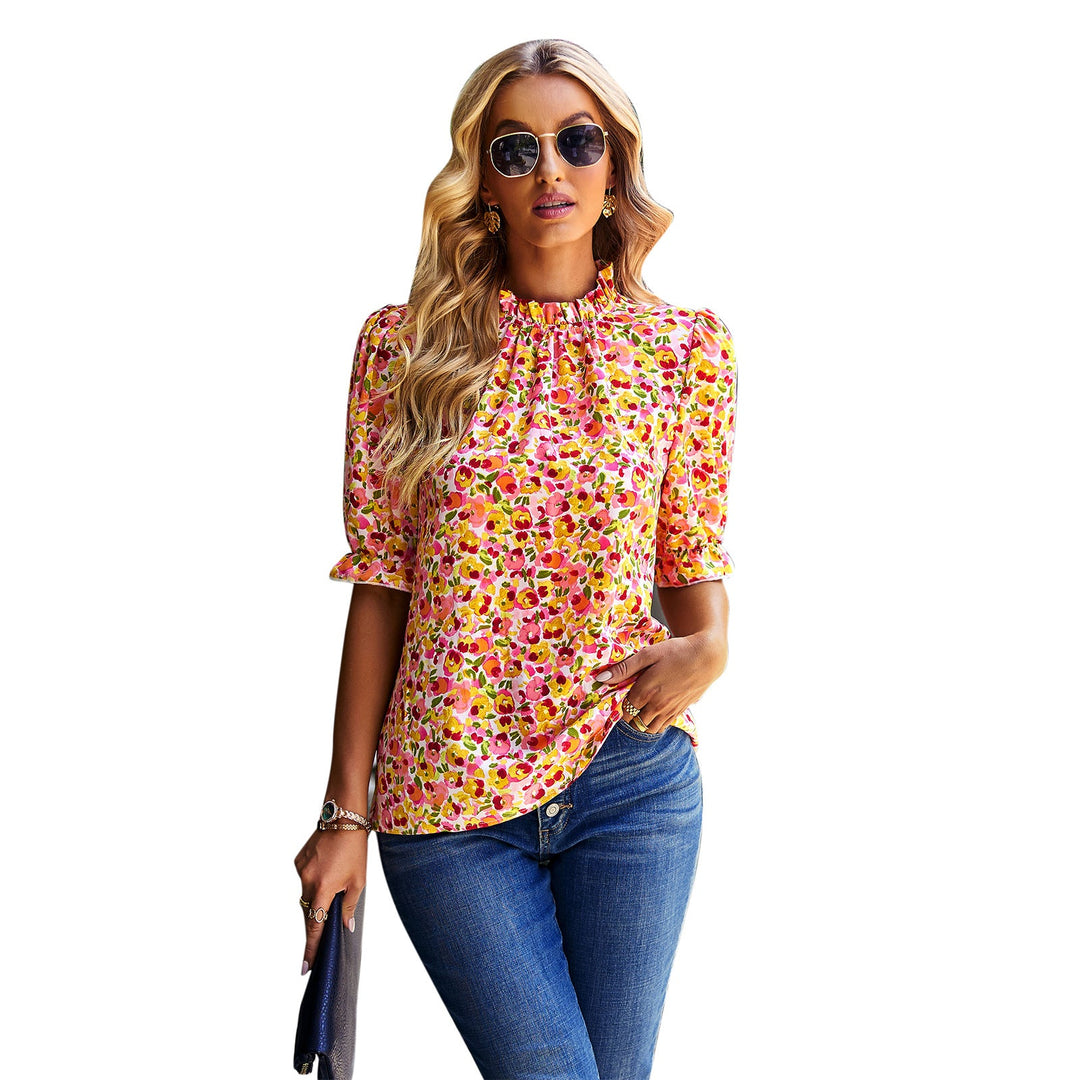 Damen Bluse mit Verspieltem Blumendesign und Puffärmeln EB