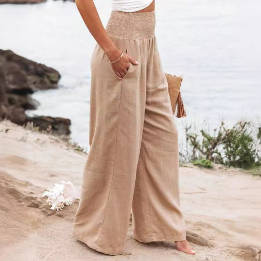 Damen Weite Leinenhose mit elastischem Bund und Falten EB