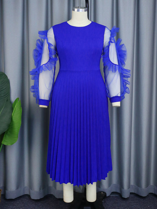 Damen plissiertes Kleid mit voluminösen Tüllärmeln EB