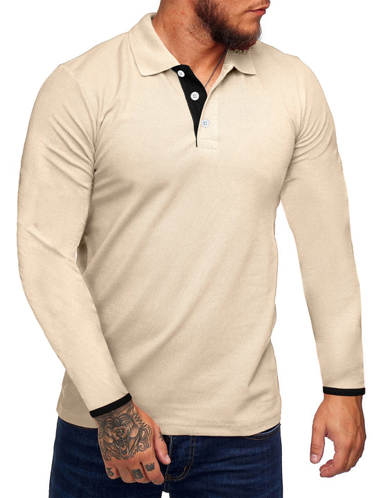 Herren Langarm-Polohemd mit kontrastierenden Knopfdetails EB