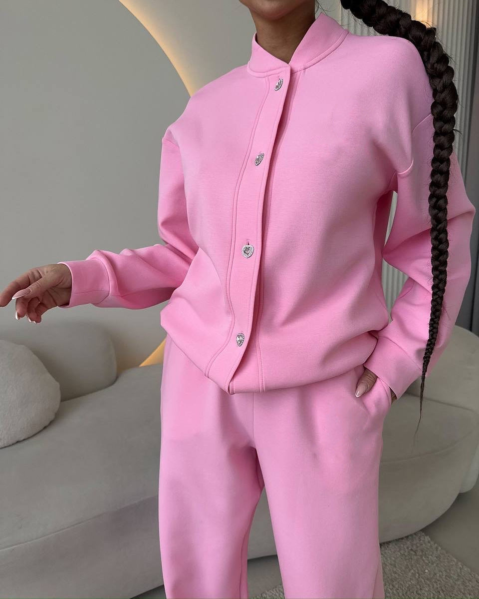 Damen Zweiteiliges Loungewear-Set mit Stehkragen, dekorativen Schmuckknöpfen und weitem Palazzo-Hosenbein EB