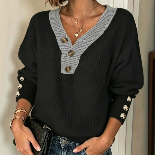 Damen Feinstrickpullover mit tiefem V-Ausschnitt, kontrastierter Knopfleiste und Zierknopf-Ärmeln EB