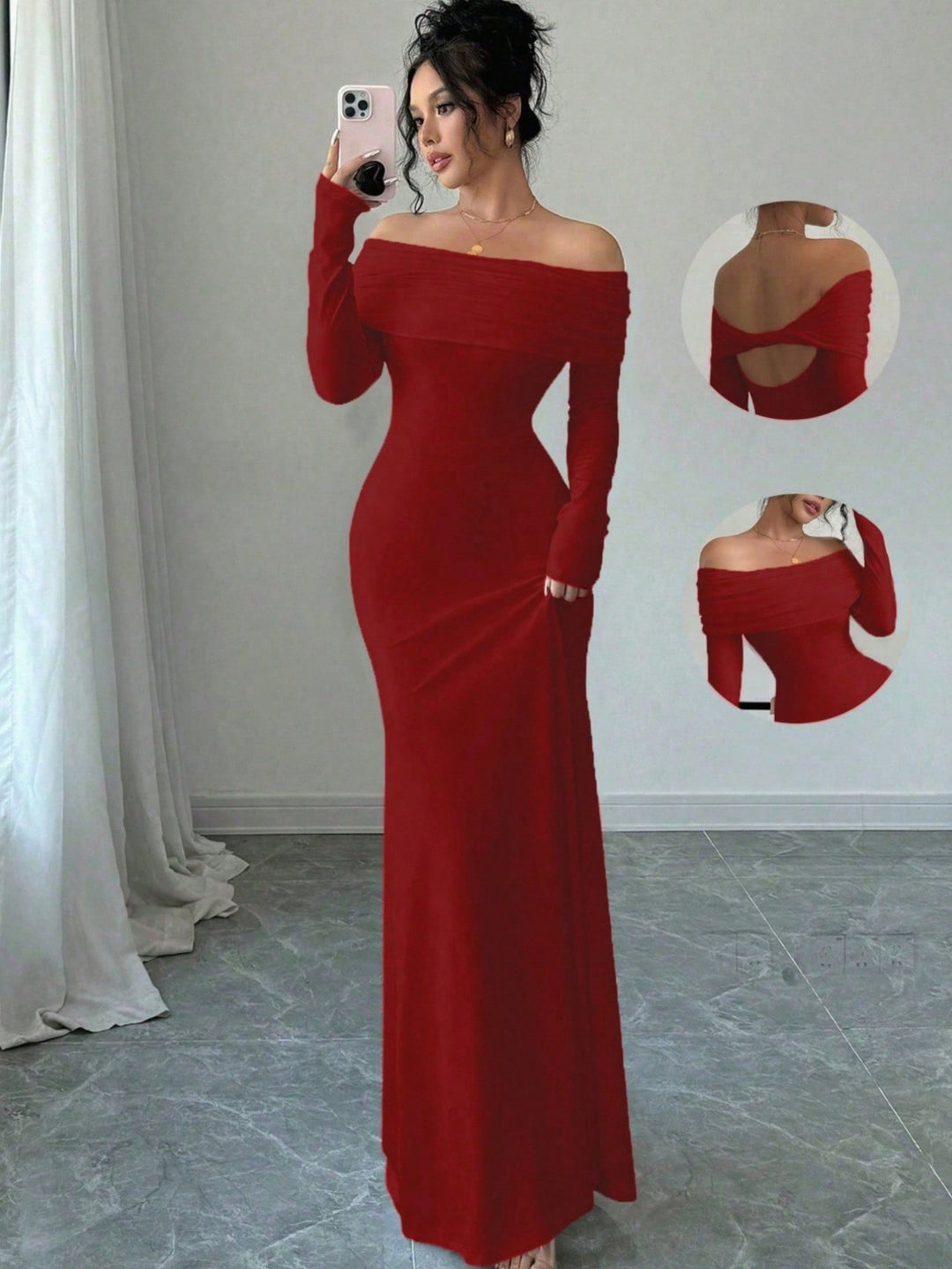 Damen Elegantes und figurbetontes Off-Shoulder Maxikleid mit langen Ärmeln EB