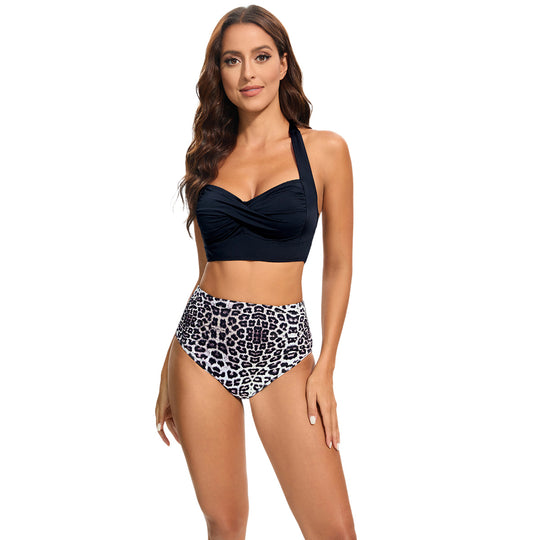 Damen Hochtailliertes Bikini-Set mit gepolstertem Top und Leopardendesign EB