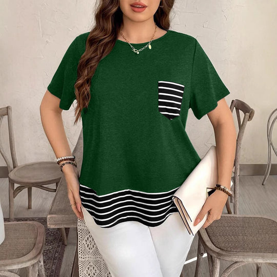 Damen Legeres T-Shirt mit gestreiftem Saum und Brusttasche EB