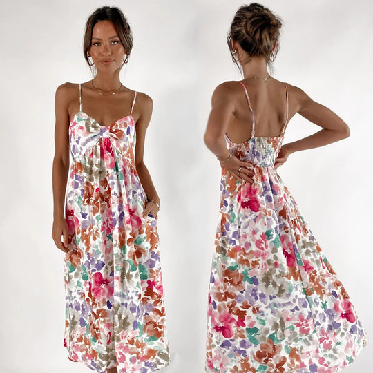 Damen Maxikleid mit floralem Design und dekorativem Knotendetail EB