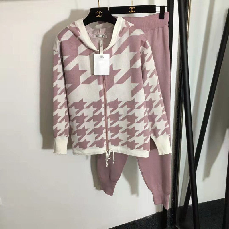 Damen modisches Strick-Loungewear-Set mit auffälligem Hahnentrittmuster EB