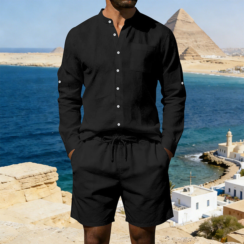 Herren nan sommerliches Leinen-Set mit Stehkragenhemd und Kordelzug-Kurzhose EB