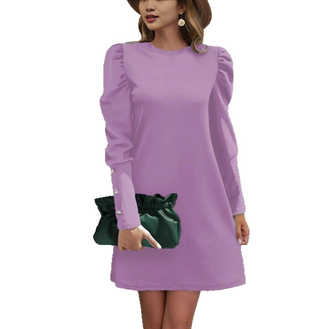 Damen Elegantes A-Linien-Minikleid mit betonten Puffärmeln und Perlenknopf-Ärmelmanschetten EB