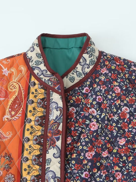 Damen gesteppte Patchworkjacke mit floralem Design und praktischen Taschen EB
