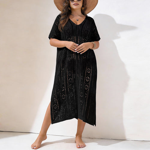Damen Häkelstrandkleid mit V-Ausschnitt und seitlichem Schlitz EB