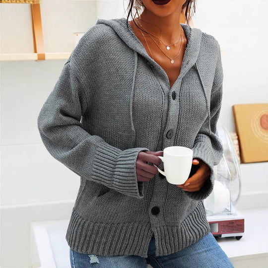 Damen Strickjacke mit Kapuze und knöpfen im lässigen Stil EB