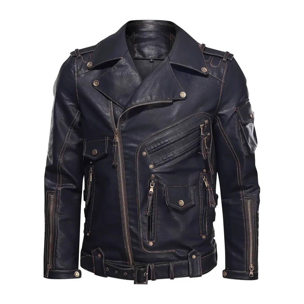 Herren Stylische Bikerjacke mit Mehreren Reißverschlusstaschen und Gürteldetail EB