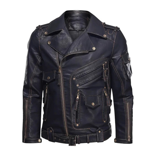 Herren Stylische Bikerjacke mit Mehreren Reißverschlusstaschen und Gürteldetail EB