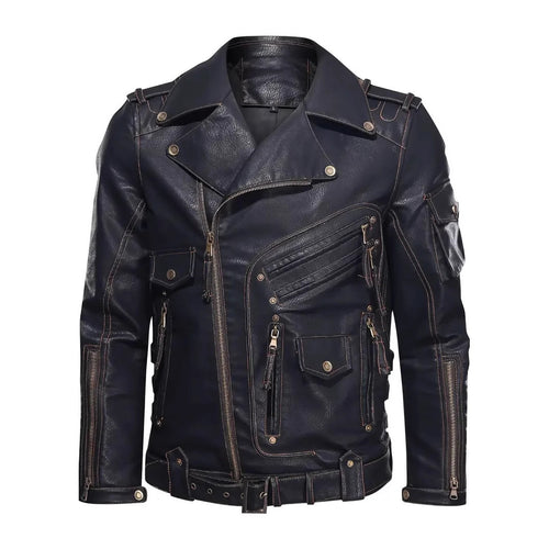 Herren Stylische Bikerjacke mit Mehreren Reißverschlusstaschen und Gürteldetail EB