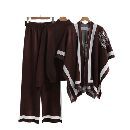 Damen elegantes Strick-Loungewear-Set mit grafischem Muster und weiten Ärmeln EB