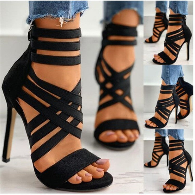 Damen Offene High-Heel Sandaletten mit elastischen Riemen EB