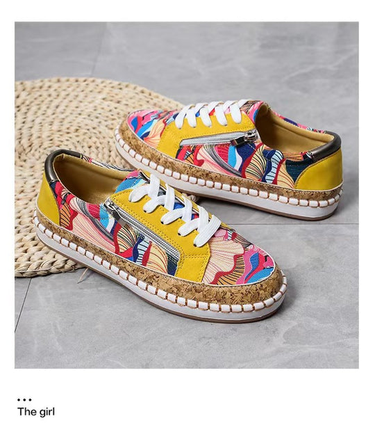 Damen Modische Sneaker mit buntem Muster und hochwertigem Korkrand EB