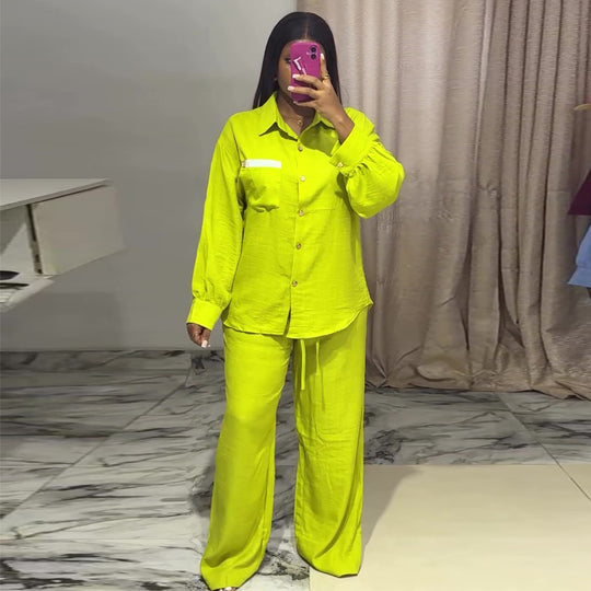 Damen lässiges Zweiteiler Set mit langärmeliger Bluse und weiten Hosen EB