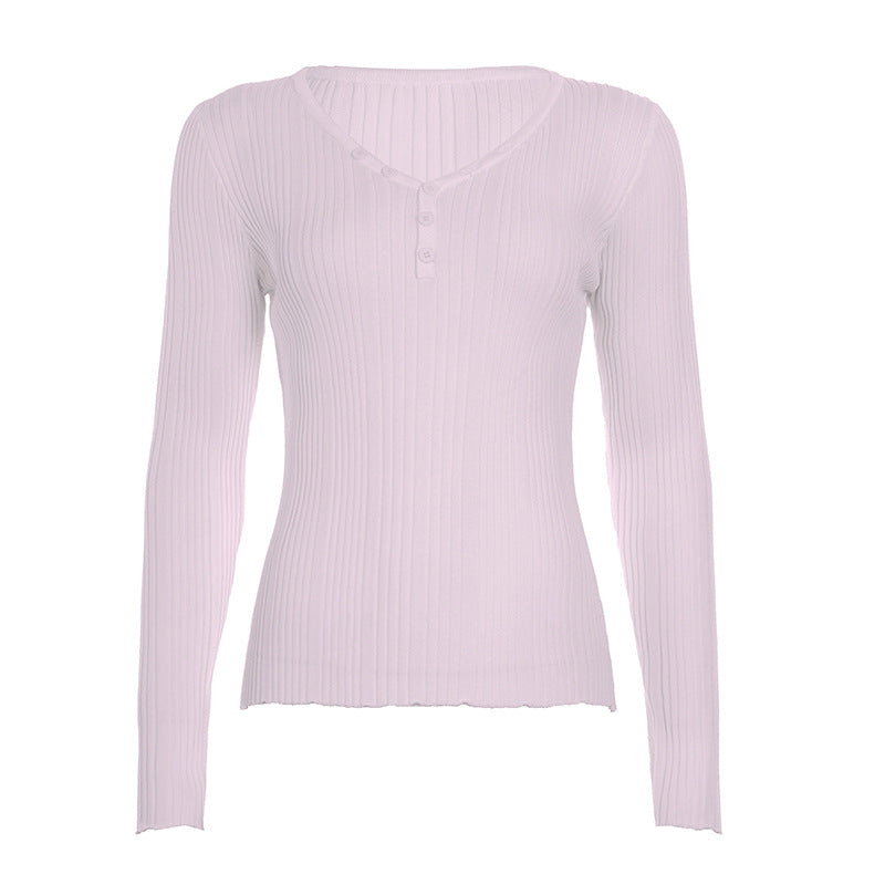 Damen nan feinstrukturierter Rippstrick-Longsleeve mit V-Ausschnitt, Henley-Knopfleiste und taillierter Passform EB