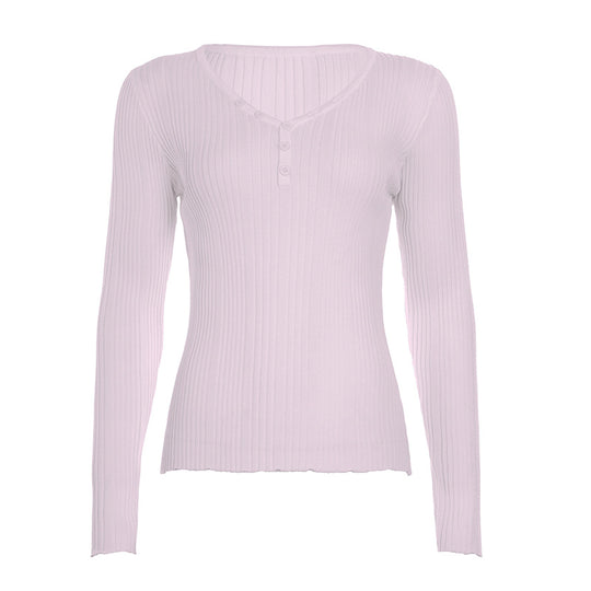 Damen nan feinstrukturierter Rippstrick-Longsleeve mit V-Ausschnitt, Henley-Knopfleiste und taillierter Passform EB
