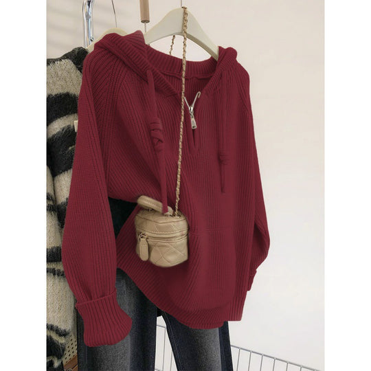 Damen Oversized Strickpullover mit Kapuze und praktischen Reißverschlusstaschen EB