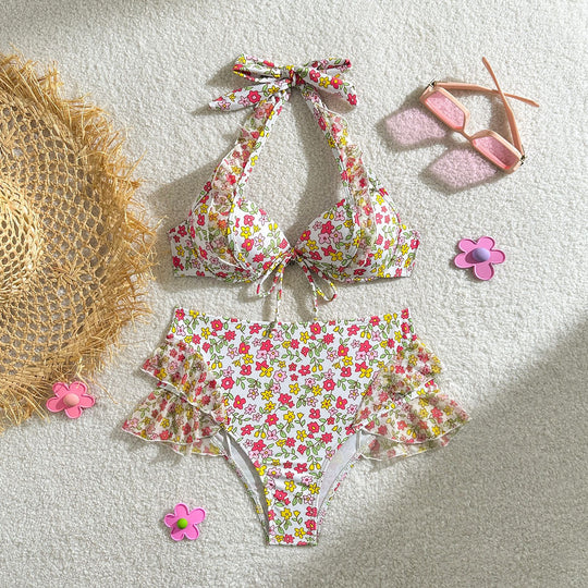 Damen Retro-Bikini-Set mit floralem Design und Rüschendetails EB