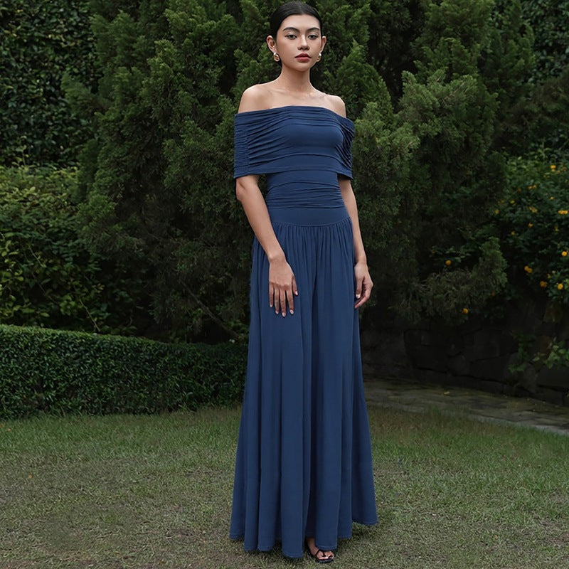 Damen Elegantes Maxikleid mit schulterfreiem Design und Raffung EB