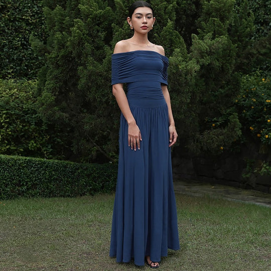 Damen Elegantes Maxikleid mit schulterfreiem Design und Raffung EB