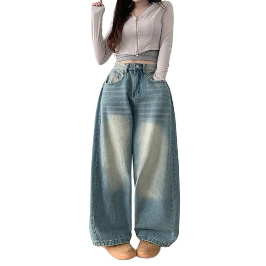 Damen Weite High-Waist Denim-Hose mit Faltenwurf EB